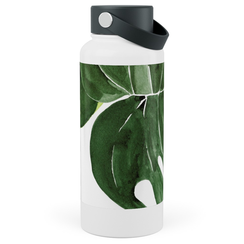 Monstera Tropical Leaves - Green Stainless Steel Wide Mouth Water Bottle, 30oz, Wide Mouth, Green