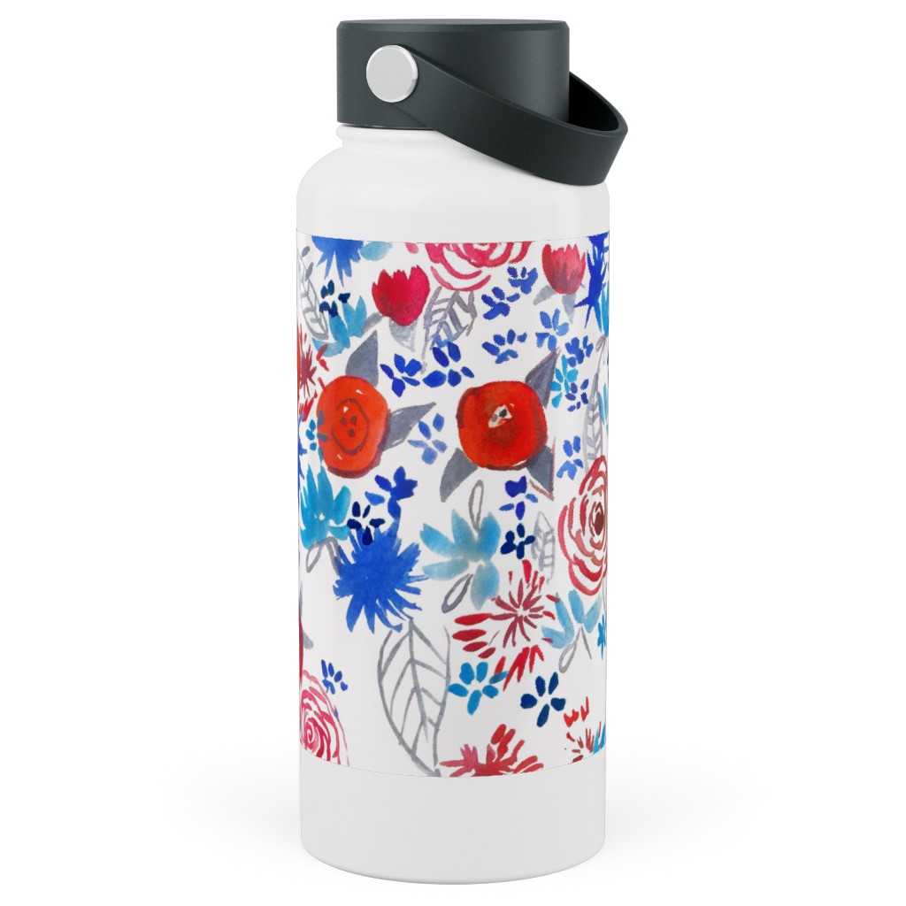 Patriotic Watercolor Floral - Red White and Blue Stainless Steel Wide Mouth Water Bottle, 30oz, Wide Mouth, Multicolor