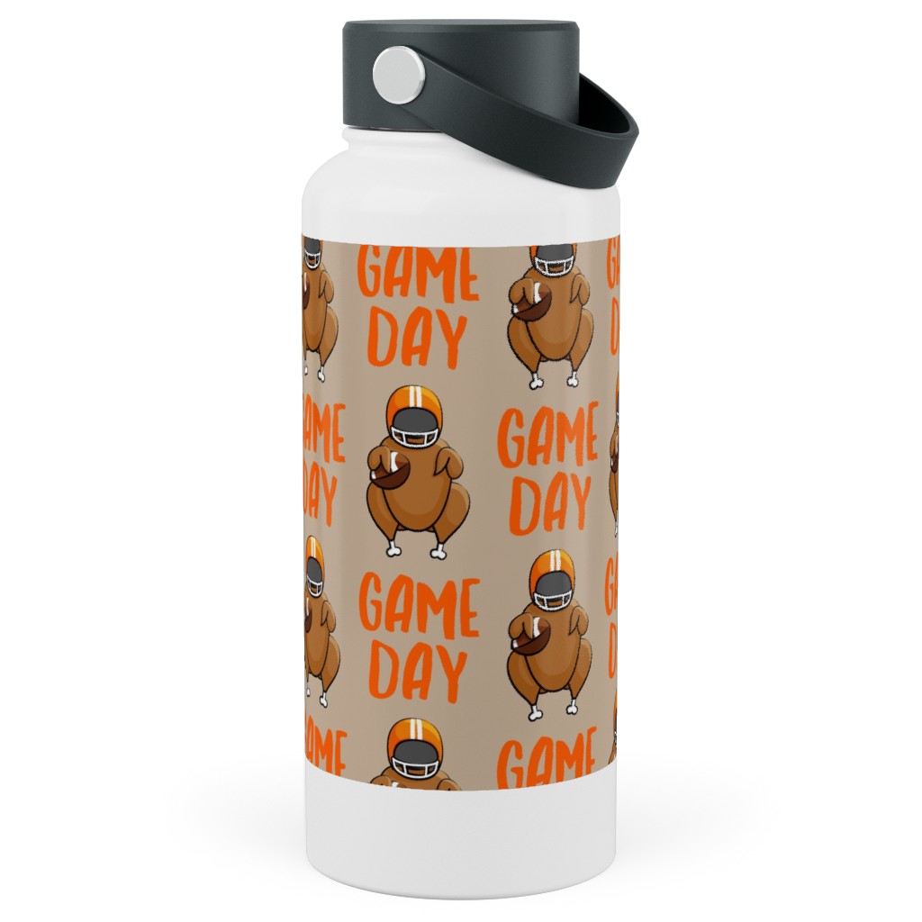 Game Day Turkey With Football - Tan Stainless Steel Wide Mouth Water Bottle, 30oz, Wide Mouth, Beige, Pearl