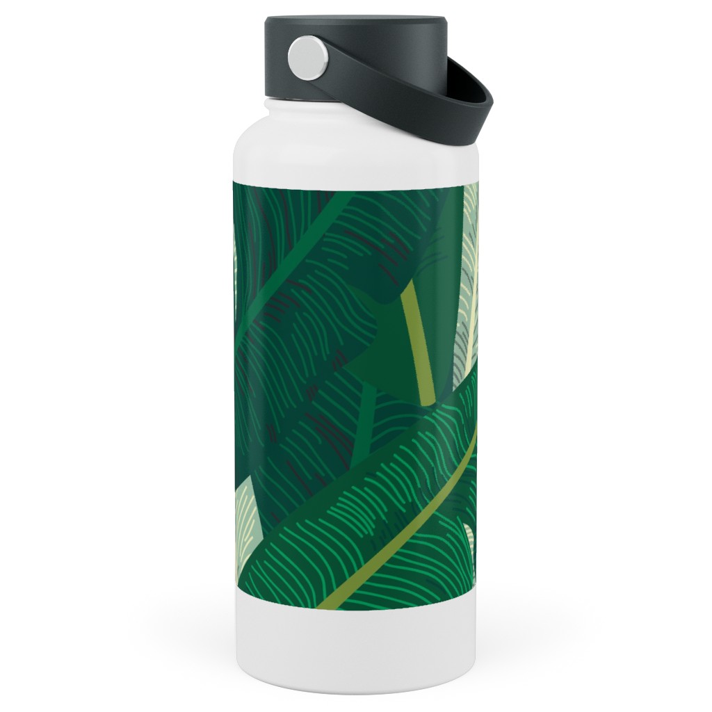 Classic Banana Leaves - Palm Springs Green Stainless Steel Wide Mouth Water Bottle, 30oz, Wide Mouth, Green