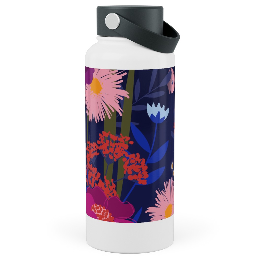 Summer Nights Floral - Dark Stainless Steel Wide Mouth Water Bottle, 30oz, Wide Mouth, Multicolor