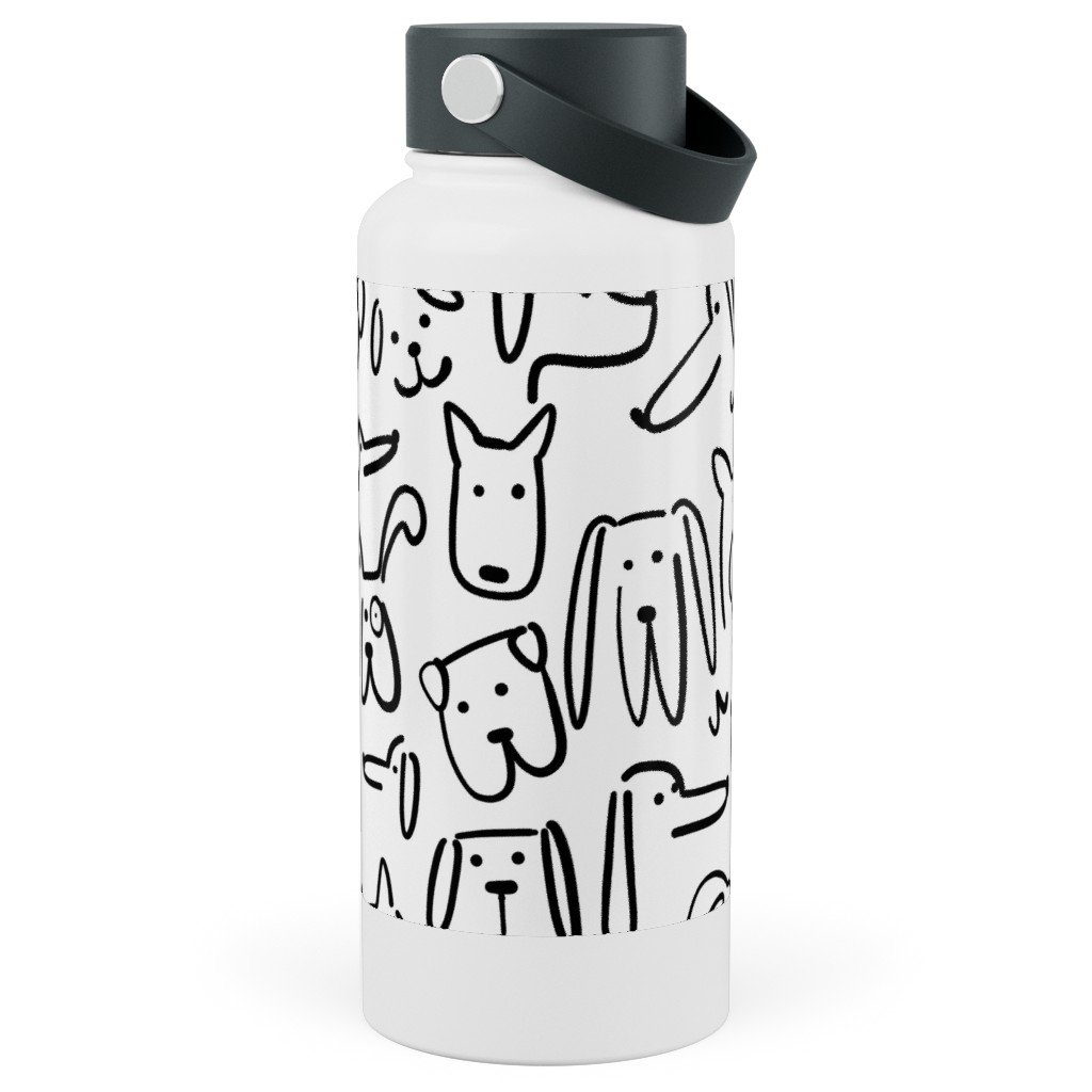 Playful Pups - Black and White Stainless Steel Wide Mouth Water Bottle, 30oz, Wide Mouth, White, White