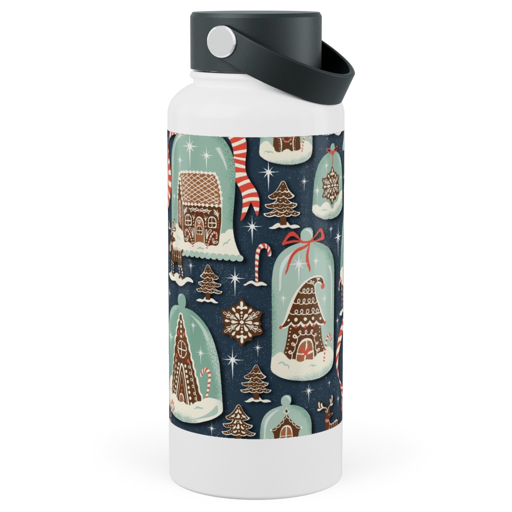 Christmas Gingerbread Village - Blue Stainless Steel Wide Mouth Water Bottle, 30oz, Wide Mouth, Multicolor