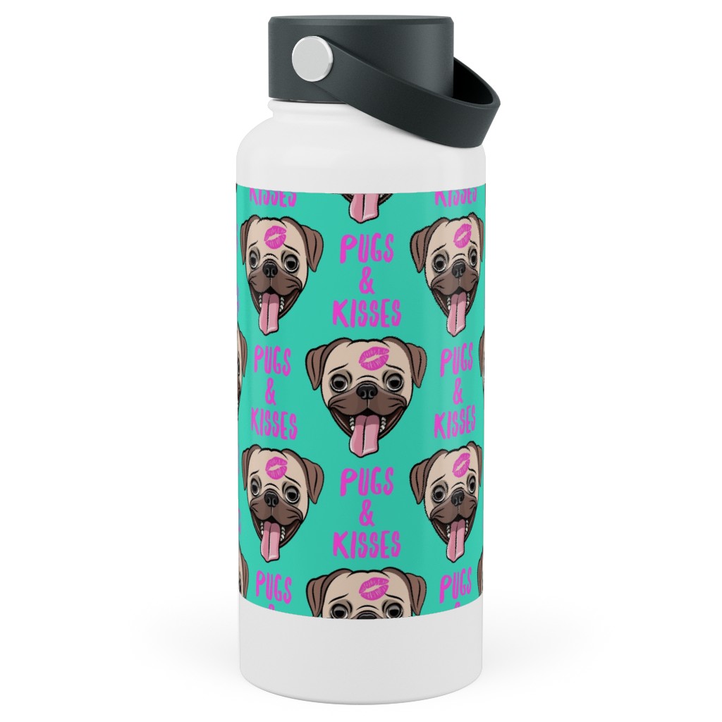 Pugs & Kisses - Cute Pug Dog - Teal Stainless Steel Wide Mouth Water Bottle, 30oz, Wide Mouth, Green