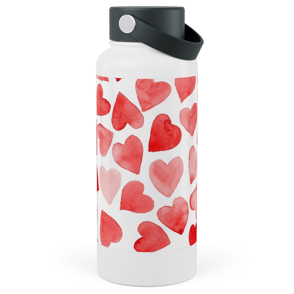 Red Hearts Watercolor - Red Stainless Steel Wide Mouth Water Bottle, 30oz, Wide Mouth, Red