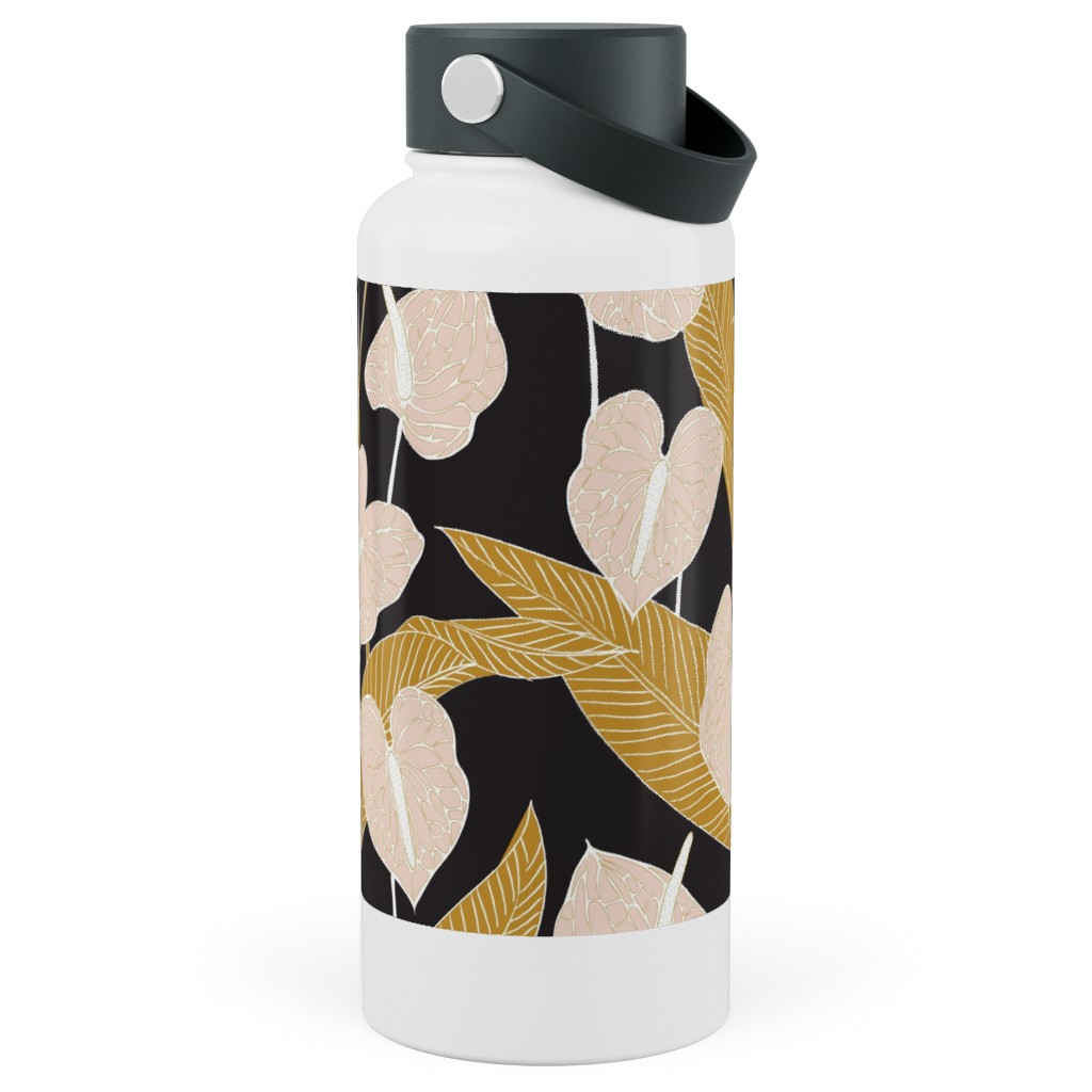 Art Nouveau Anthuriums - Black Mustard and Pale Peach Stainless Steel Wide Mouth Water Bottle, 30oz, Wide Mouth, Multicolor