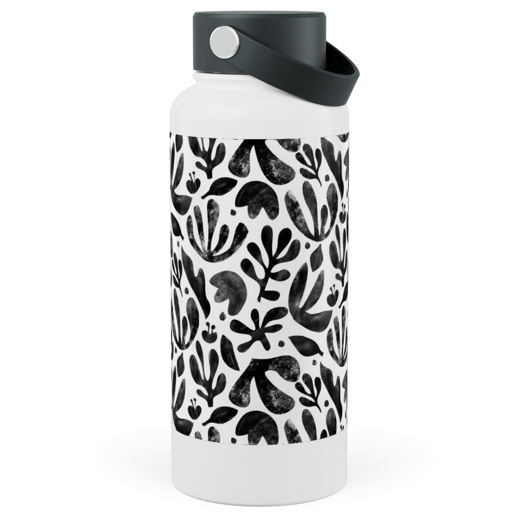 Flower Cutouts - Neutral Stainless Steel Wide Mouth Water Bottle, 30oz, Wide Mouth, Black, Black