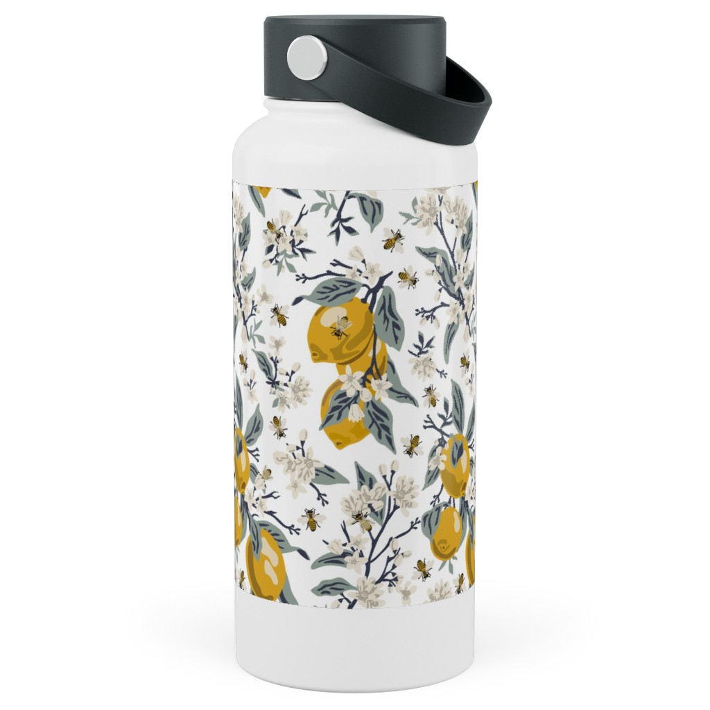 Bees & Lemons - White Stainless Steel Wide Mouth Water Bottle, 30oz, Wide Mouth, Yellow, Classic Yellow