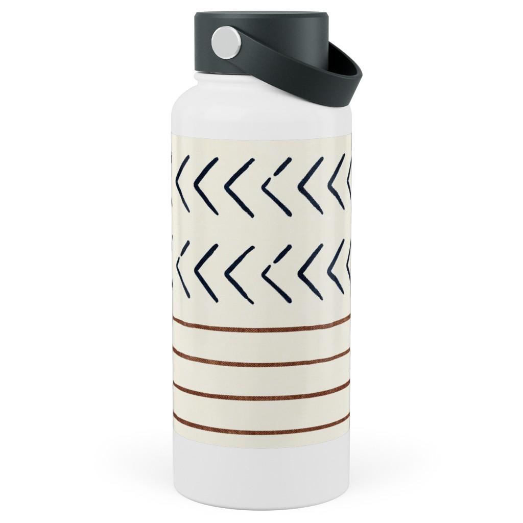 Arrow Stripes Mud Cloth Modern Stainless Steel Wide Mouth Water Bottle, 30oz, Wide Mouth, Beige, Antique White