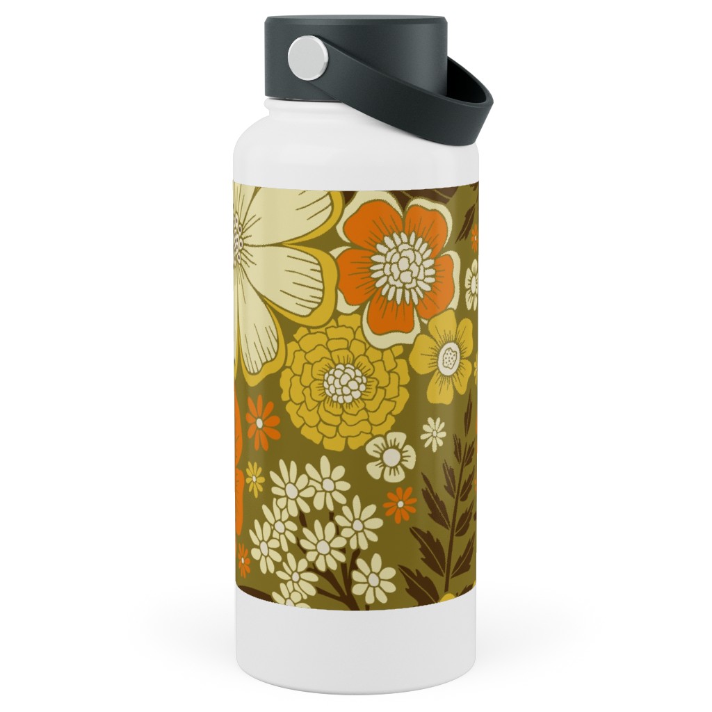 1970s Retro/Vintage Floral - Yellow and Brown Stainless Steel Wide Mouth Water Bottle, 30oz, Wide Mouth, Yellow