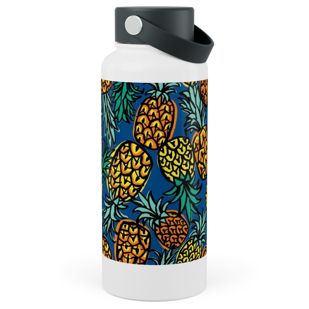 Tropical Pineapple - Blue Stainless Steel Wide Mouth Water Bottle, 30oz, Wide Mouth, Blue