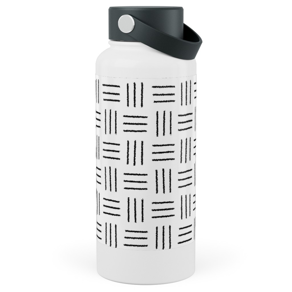 Mudcloth Basket Weave - Black on White Stainless Steel Wide Mouth Water Bottle, 30oz, Wide Mouth, White, White