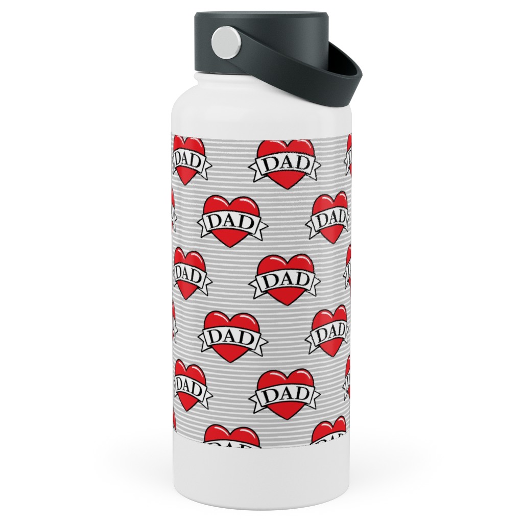 Dad Heart Tattoo - Red on Grey Stripes Stainless Steel Wide Mouth Water Bottle, 30oz, Wide Mouth, Red