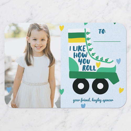 On a Roll Valentine's Card, Blue, Pearl Shimmer Cardstock, Rounded, Ocean Mist