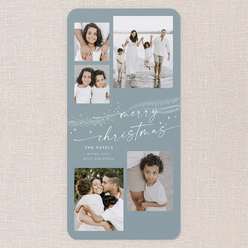 Winter Flurry Holiday Card, Blue, 4x8 Flat, Christmas, Pearl Shimmer Cardstock, Rounded