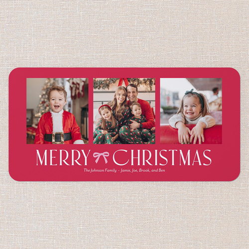 Bow Motif Holiday Card, Red, 4x8 Flat, Christmas, Pearl Shimmer Cardstock, Rounded, Red