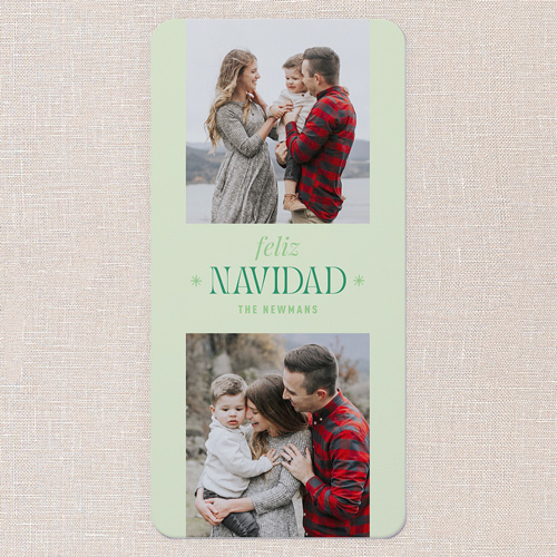 Splendid Seasons Holiday Card, Green, 4x8 Flat, Feliz Navidad, Pearl Shimmer Cardstock, Rounded