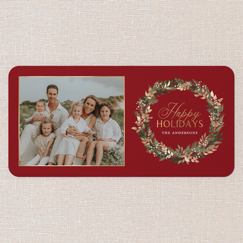 Golden Wreath Collage Holiday Card, Red, 4x8 Flat, Holiday, 100% Recycled Cardstock , Rounded, Apple