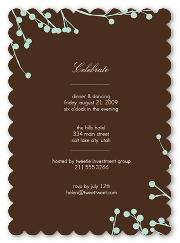 Mint Blossoms Party Invitation, Brown, Pearl Shimmer Cardstock, Scallop