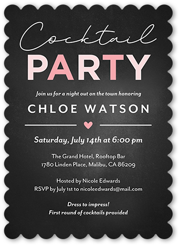 Elegant Cocktails Party Invitation, Black, 5x7 Flat, Pearl Shimmer Cardstock, Scallop