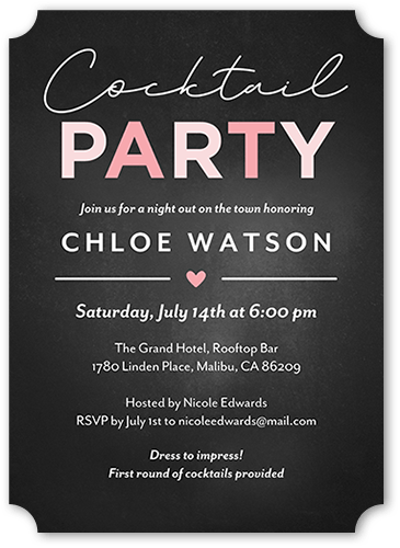 Elegant Cocktails Party Invitation, Black, 5x7 Flat, Pearl Shimmer Cardstock, Ticket, White