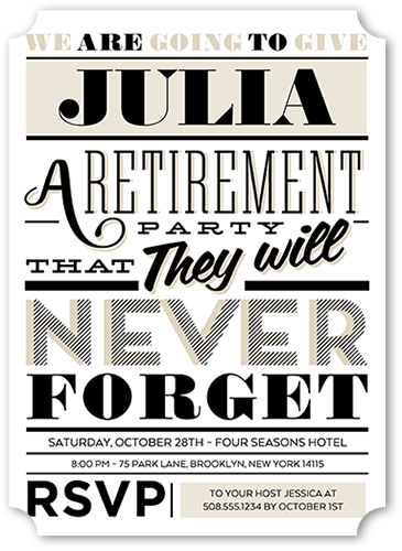 Retirement Type Party Invitation, White, 5x7 Flat, Pearl Shimmer Cardstock, Ticket