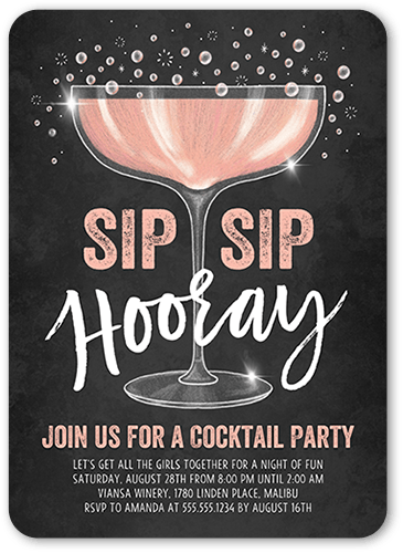 Sip Sip Party Invitation, Pink, 5x7 Flat, Standard Smooth Cardstock, Rounded, Priscilla