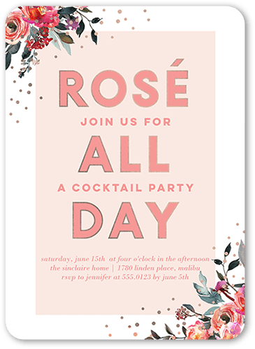 All Day Floral Party Invitation, Pink, 5x7, Pearl Shimmer Cardstock, Rounded