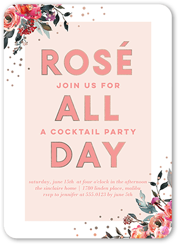 All Day Floral Party Invitation, Pink, 5x7 Flat, Standard Smooth Cardstock, Rounded, Chenille