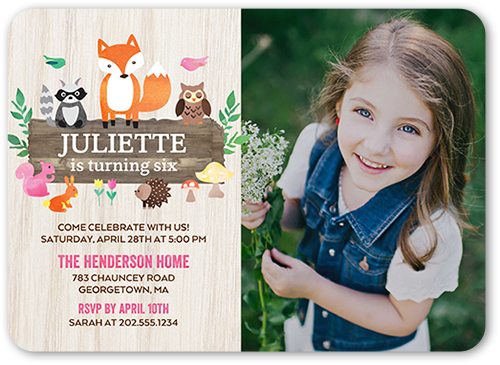 Woodland Wishes Girl Birthday Invitation, Grey, Pearl Shimmer Cardstock, Rounded