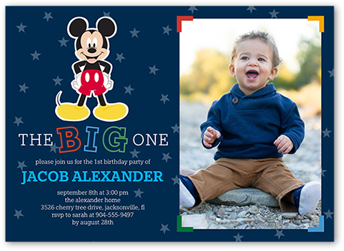 Disney Mickey Mouse One Birthday Invitation, Blue, Luxe Double-Thick Cardstock, Square