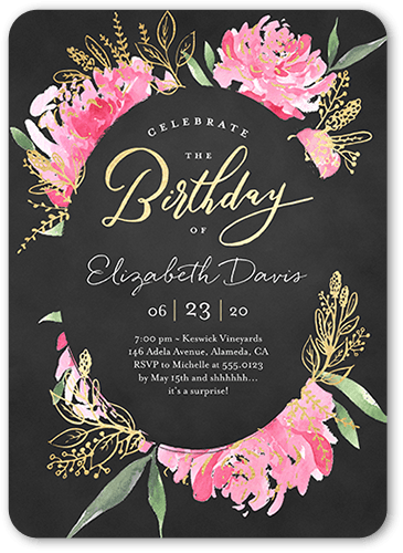 Peony Festivities Birthday Invitation, Black, 5x7 Flat, Matte, Signature Smooth Cardstock, Rounded