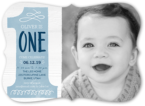 Onederful Boy Birthday Invitation, Blue, 5x7 Flat, Pearl Shimmer Cardstock, Bracket