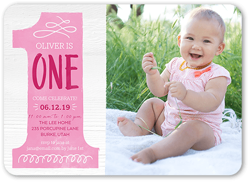 Onederful Girl Birthday Invitation, Pink, 5x7 Flat, Pearl Shimmer Cardstock, Rounded