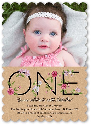 Floral One Birthday Invitation, Beige, 5x7 Flat, Matte, Signature Smooth Cardstock, Scallop