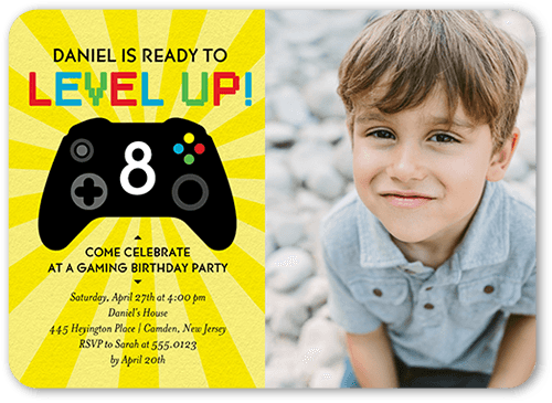 Level Up Birthday Invitation, Yellow, 5x7, Matte, Signature Smooth Cardstock, Rounded