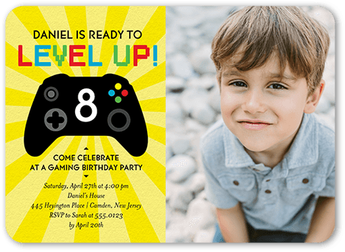 Level Up Birthday Invitation, Yellow, 5x7 Flat, Standard Smooth Cardstock, Rounded