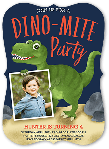 Dino Mite Birthday Invitation, Blue, 5x7 Flat, 100% Recycled Cardstock , Bracket