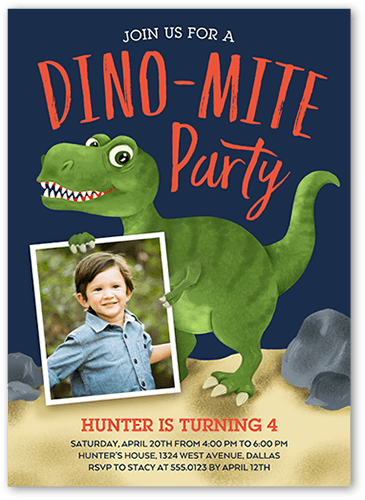 Dino Mite Birthday Invitation, Blue, 5x7, Luxe Double-Thick Cardstock, Square