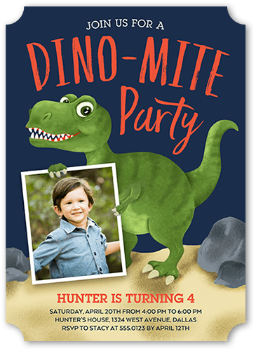 Dino Mite Birthday Invitation, Blue, 5x7 Flat, Pearl Shimmer Cardstock, Ticket