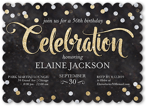Bokeh Confetti Birthday Invitation, none, Black, 5x7, Pearl Shimmer Cardstock, Scallop