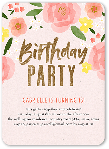 Floral Cheer Birthday Invitation, Pink, 5x7 Flat, Standard Smooth Cardstock, Rounded