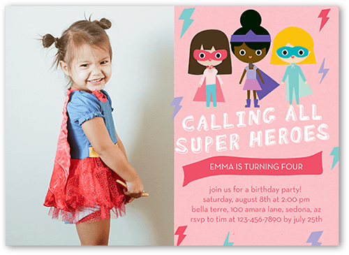 Super Heroes Birthday Invitation, Pink, 5x7 Flat, Matte, Signature Smooth Cardstock, Square
