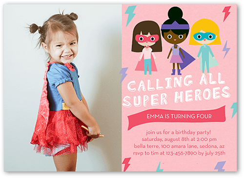 Super Heroes Birthday Invitation, Pink, 5x7 Flat, Luxe Double-Thick Cardstock, Square, Powder Pink