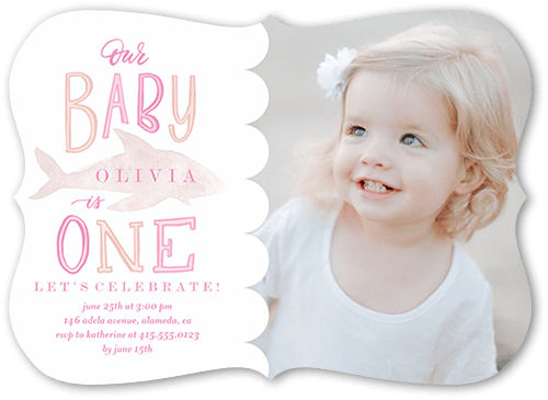 Baby Shark Girl Birthday Invitation, Pink, 5x7 Flat, Pearl Shimmer Cardstock, Bracket