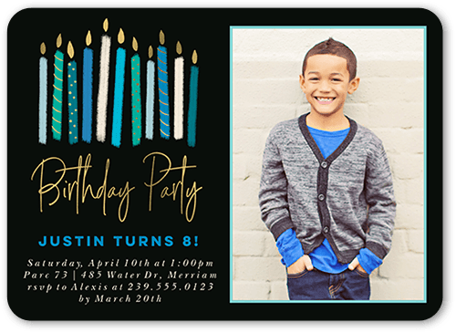Party Candles Boy Birthday Invitation, Blue, 5x7 Flat, Pearl Shimmer Cardstock, Rounded