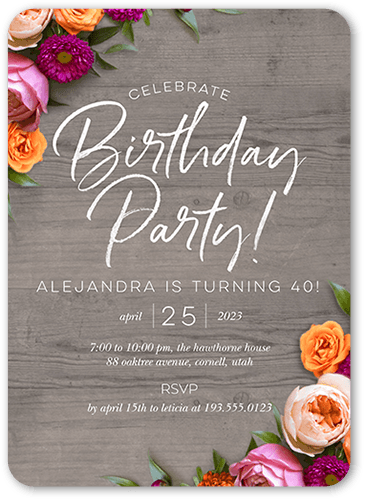 Rustically Floral Birthday Invitation, Grey, 5x7, Matte, Signature Smooth Cardstock, Rounded