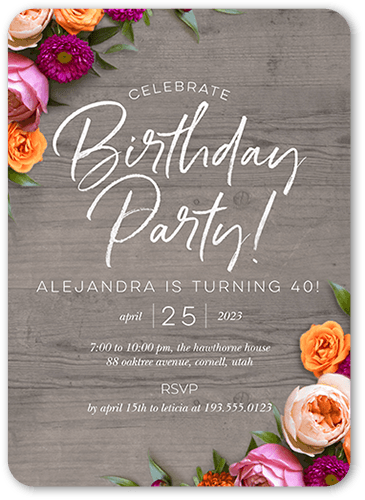 Rustically Floral Birthday Invitation, Grey, 5x7 Flat, Matte, Signature Smooth Cardstock, Rounded