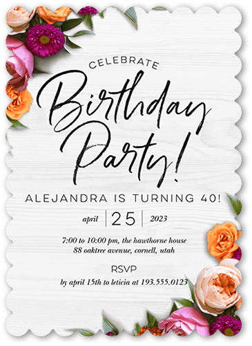Rustically Floral Birthday Invitation, White, 5x7 Flat, Pearl Shimmer Cardstock, Scallop
