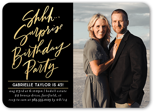Surprise Party Birthday Invitation, Black, 5x7 Flat, 100% Recycled Cardstock , Rounded